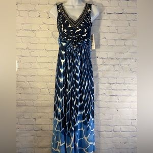 NY Collection Dress Womens PXS Blue and White Tie Dye Beaded Neckline Sleeveless